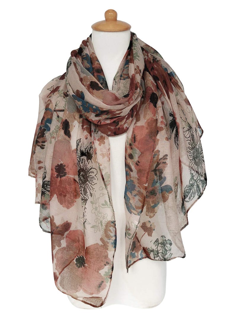 GERINLY Lightweight Scarves Fashion Flowers Print Shawl Wrap for Women Dressy Fall Neck Accessory Pretty Sarong (Brown) - Image 2